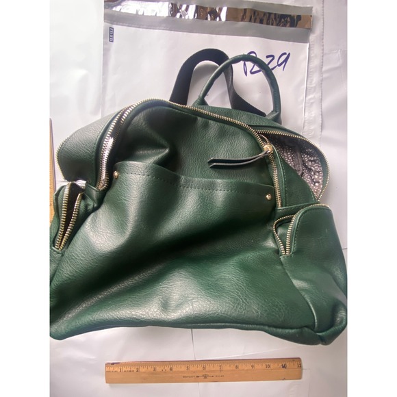 Green Faux Leather Backpack Mini Small Trendy Casual School Bag Gold Accents - Picture 2 of 5